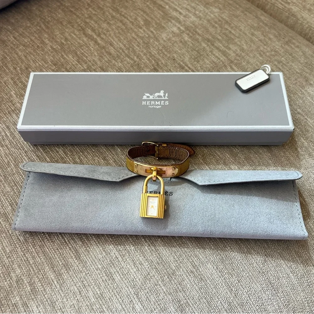 HERMES KELLY Watch Womens Gold Plated Yellow Leather Band - Picture 2 of 9